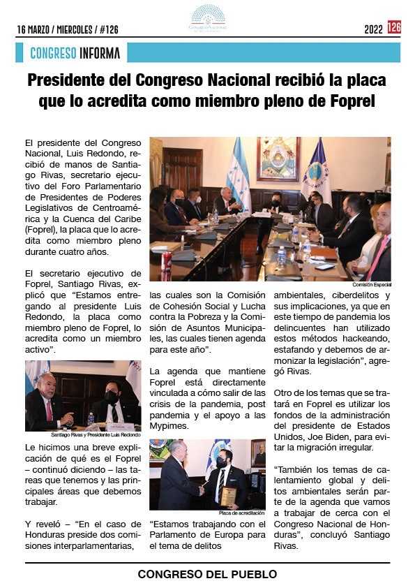 Presidente del Congreso Nacional recibió la placa que lo acredita como miembro pleno de Foprel